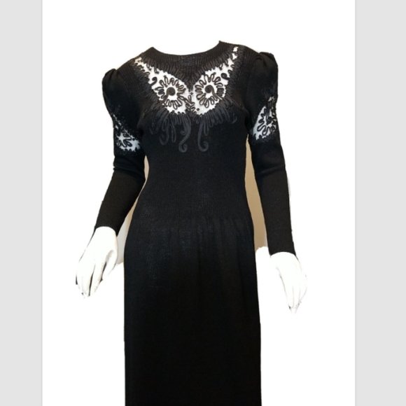 Vtg 80s Pat Sandler for Wellmore Black Santana Knit Cocktail Dress Stretch - Picture 2 of 7